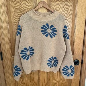 Blue Floral Patterned Tan Sweater